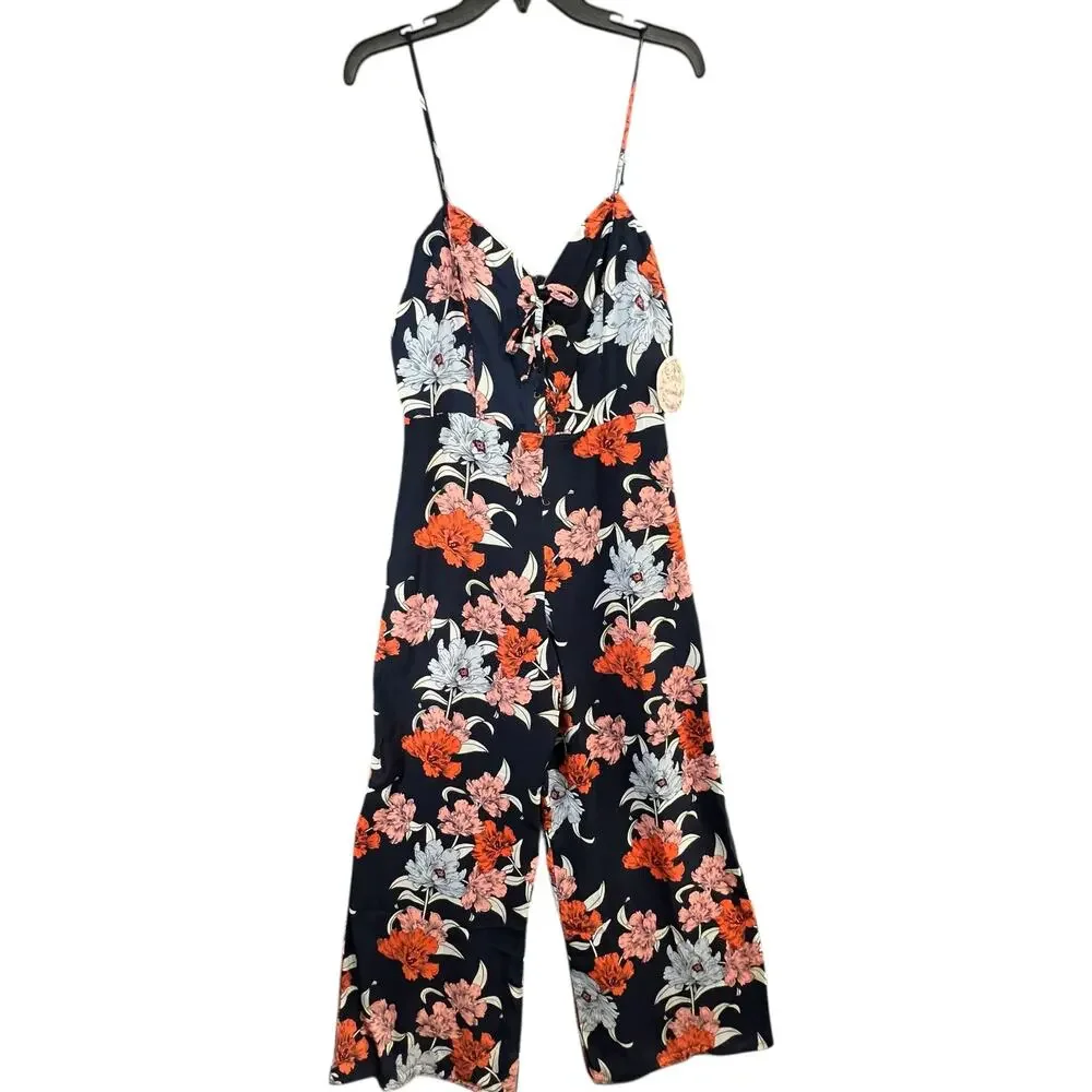 Gypsies & Moondust Jumpsuit‎ XL Navy Blue Floral Lace Up Wide Leg Tropical Boho